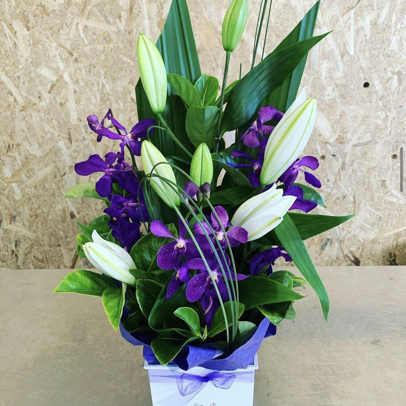 lilies and orchids arrangement, purple, florist in Mawson Lakes