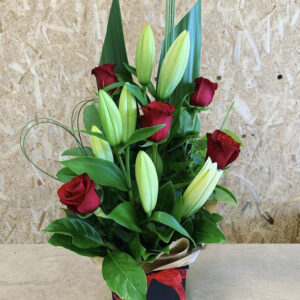 perfect match arrangement, red roses, white lilies, from Mawson Lakes florist